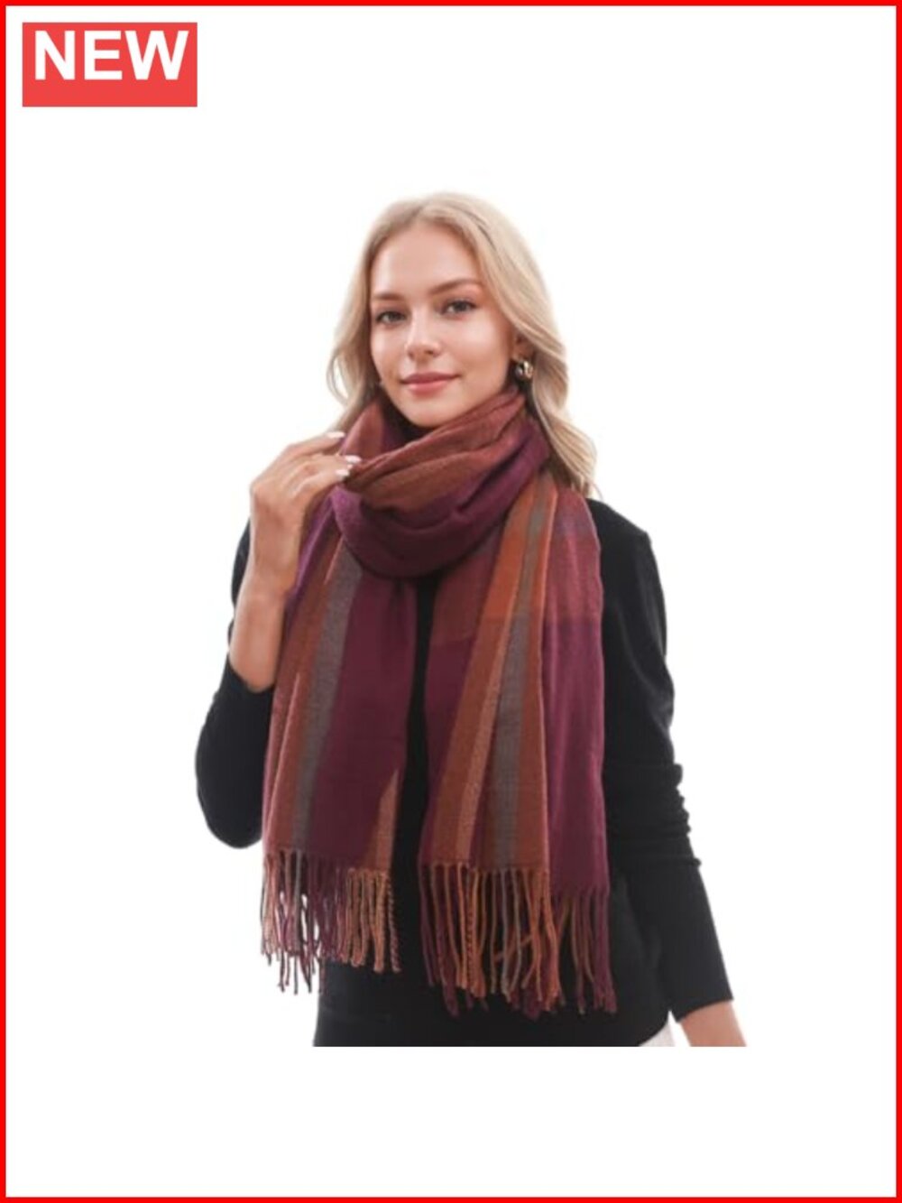 Oversized Plaid Pashmina Scarf Women Warm Winter Wrap with Tassels